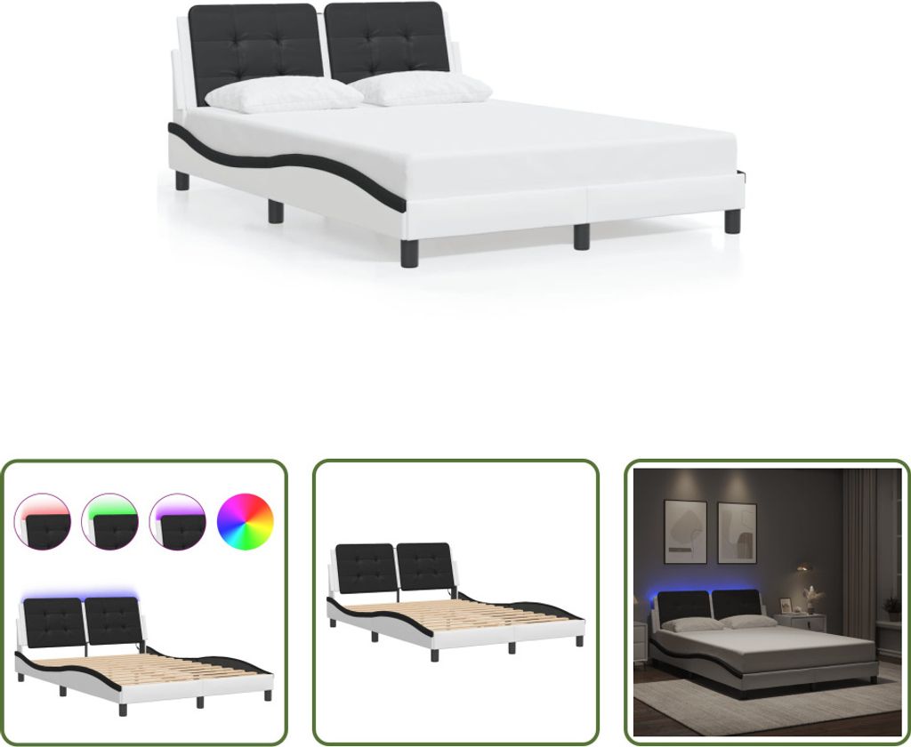 The Living Store Bettgestell mit LED Weiß und Schwarz Produktbild 