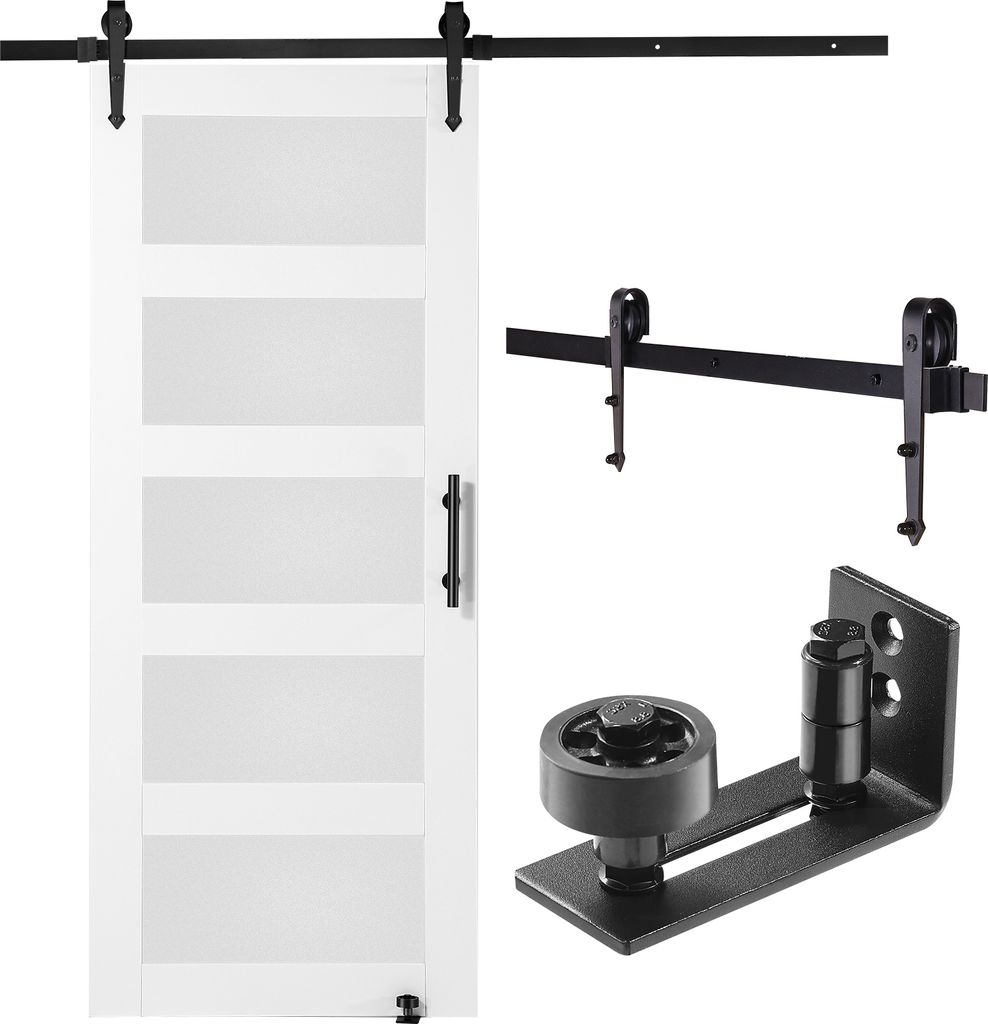 SucceBuy Scheunentor und Hardware-Set, 76,2 x 213,4 cm große Schiebetür aus Holz und Glas, leiser und reibungsloser Betrieb, inklusive 8-in-1-Bod...