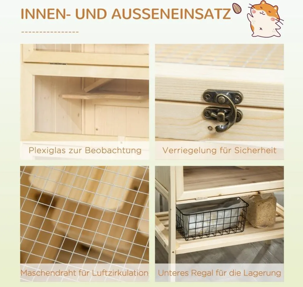 Gabbia per criceti Fortuna Lai in legno a 5 piani Nagarium Gabbia per roditori Gabbia per piccoli animali con tetto a griglia Rampe, gabbia in legno Gabbia per topi grande Gabbia per criceti Criceti nani 60 x 40 x 120 cm Legno naturale - 6
