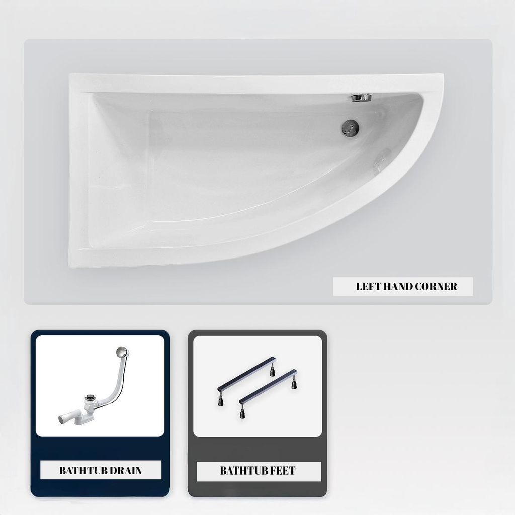 Asymmetrische Badewanne - 150 x 70 cm - Links - ohne Verkleidung - mit Füßen - Ablaufgarnitur Chrom - PRAKTIKA