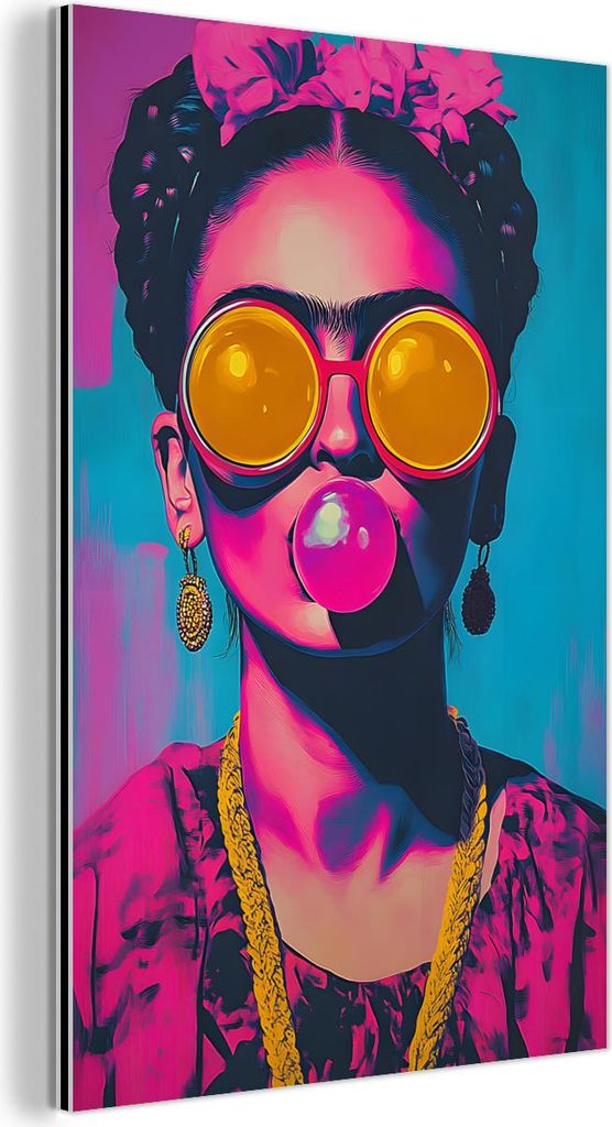 MuchoWow Wanddekoration Metall Metallbild Wandkunst 20x30 cm Frau - Kaugummi - Sonnenbrille - Orange MuchoWow Aluminium Gemälde - Alu Dibond Bild