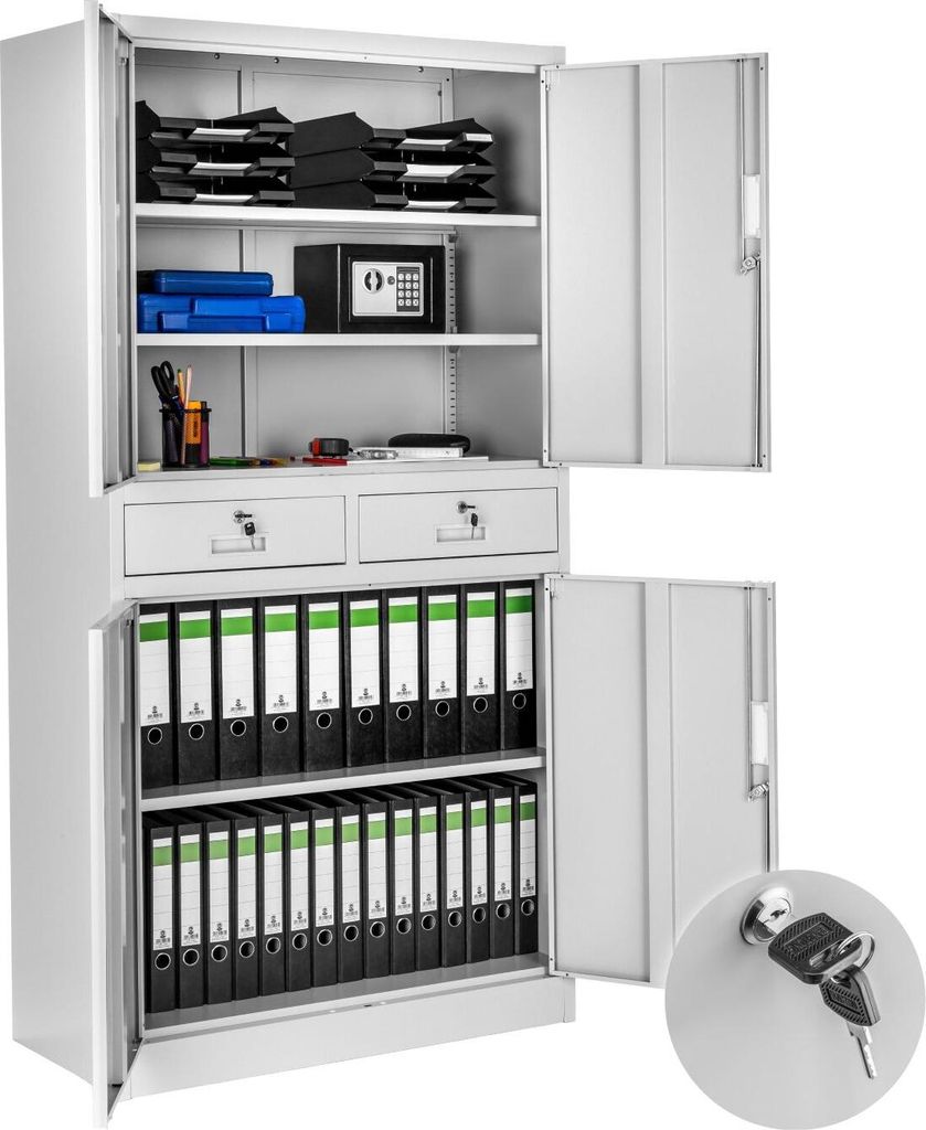 A gray metal filing cabinet with its doors open, showing organized folders, a small safe, and office supplies.
