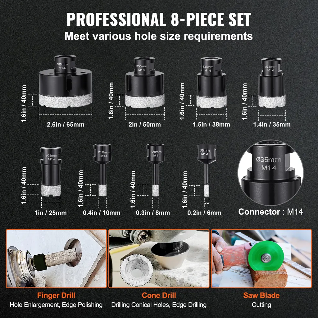 VEVOR Jeu de carotteuses diamantées 8 pièces Ø 6-65mm avec coffret - 3
