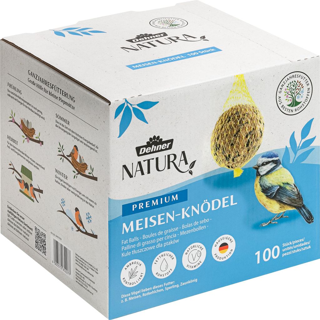 Dehner Natura Premium Meisenknödel mit Netz, ganzjähriges Wildvogelfutter proteinreich / energiereich, Vogelfutter für Wildvögel, 100 Stück je...