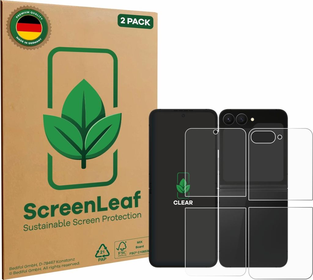 2x ScreenLeaf Schutzfolie für Samsung Galaxy Z Flip 7 FE (Display+Rückseite) nachhaltiger Displayschutz Display Schutz Folie Klar Transparent