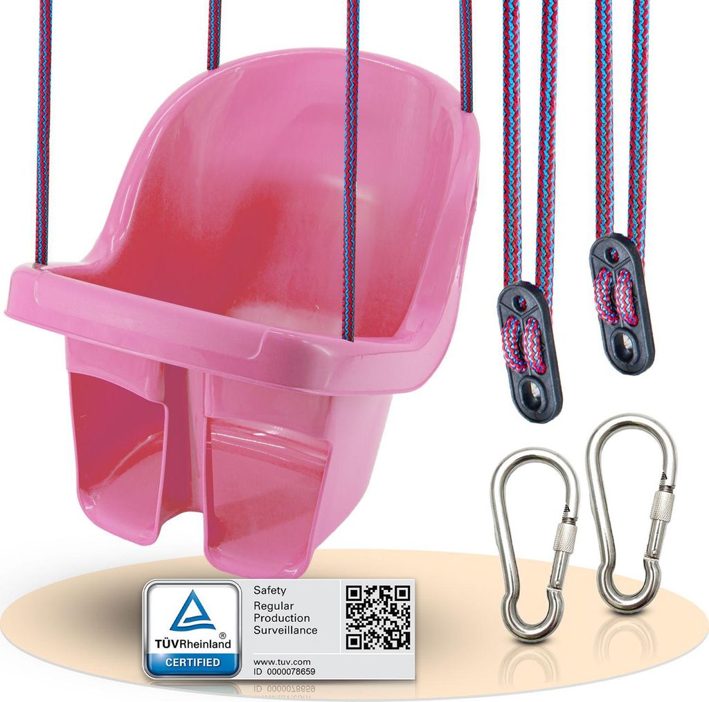 Babyschaukel Outdoor & Indoor – kippsicher, wasserfest & Rheinland – stabile Baby Schaukel mit 2 Karabinern zum Aufhängen