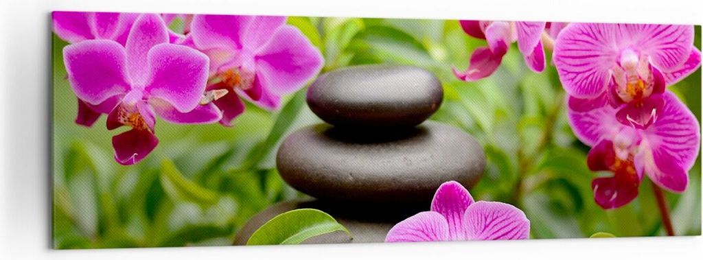 Bild auf Leinwand - Leinwandbild - Blumen Steine Bambus Dekoration - 160x50cm - Wand Bild - Wanddeko - Leinwanddruck - Bilder - Kunstdruck - Leinwa...