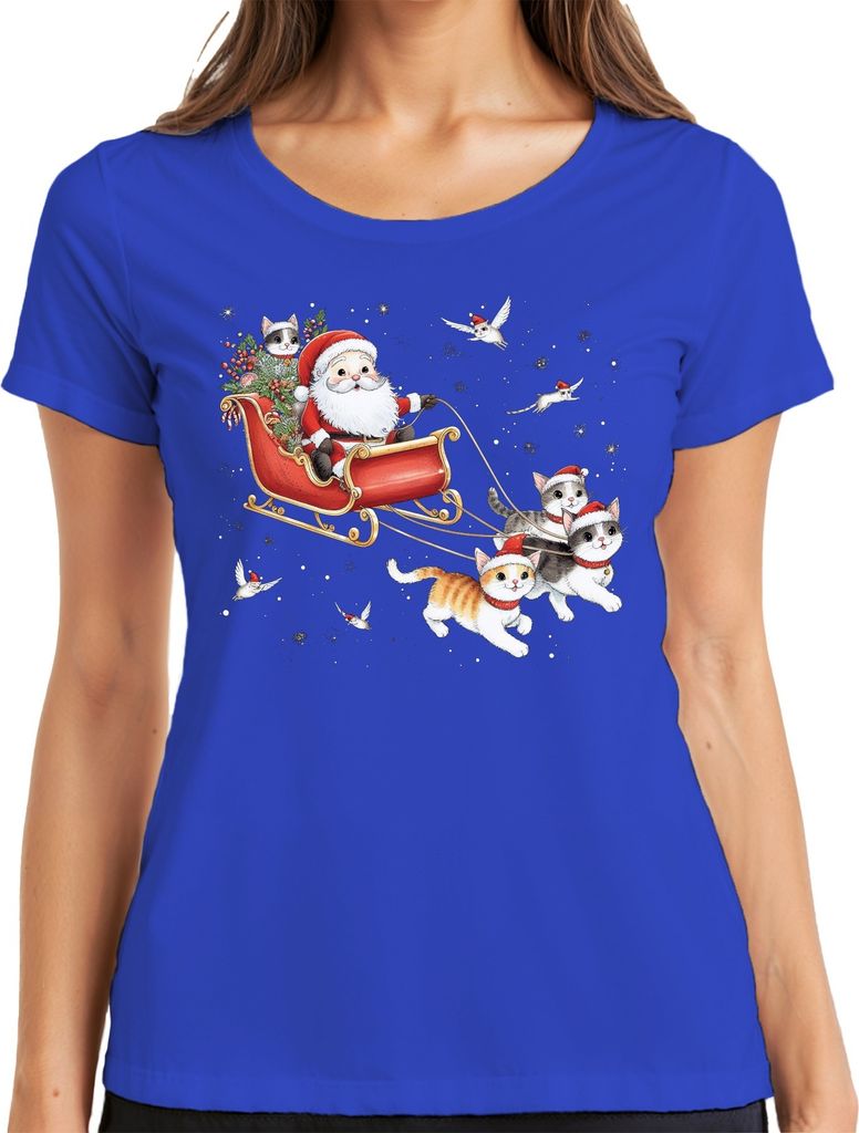 Santa Claus Schlitten Katzen Kätzchen - Weihnachten Weihnachtsgeschenk Christmas Damen T-Shirt, Blau, M