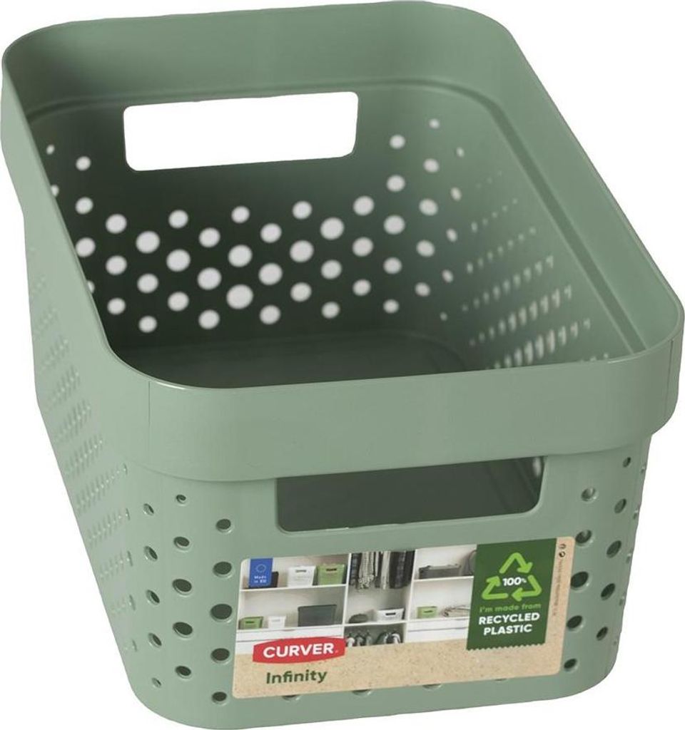A green storage basket with holes and handles, shown from a slightly elevated angle.