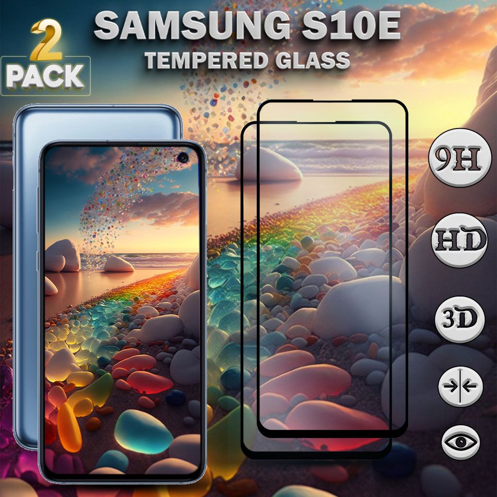 A Samsung Galaxy S10e phone with a screen protector and marketing icons.