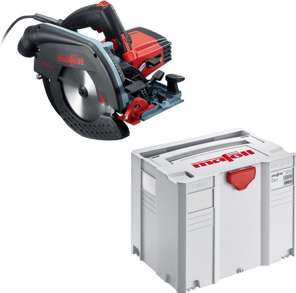 A Mafell circular saw and its storage case are displayed against a white background.