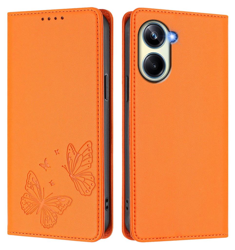 Lederhülle für Realme 10 Pro 5G, Schmetterling Prägung Leder Brieftasche Schutzhülle mit Ständer Orange
