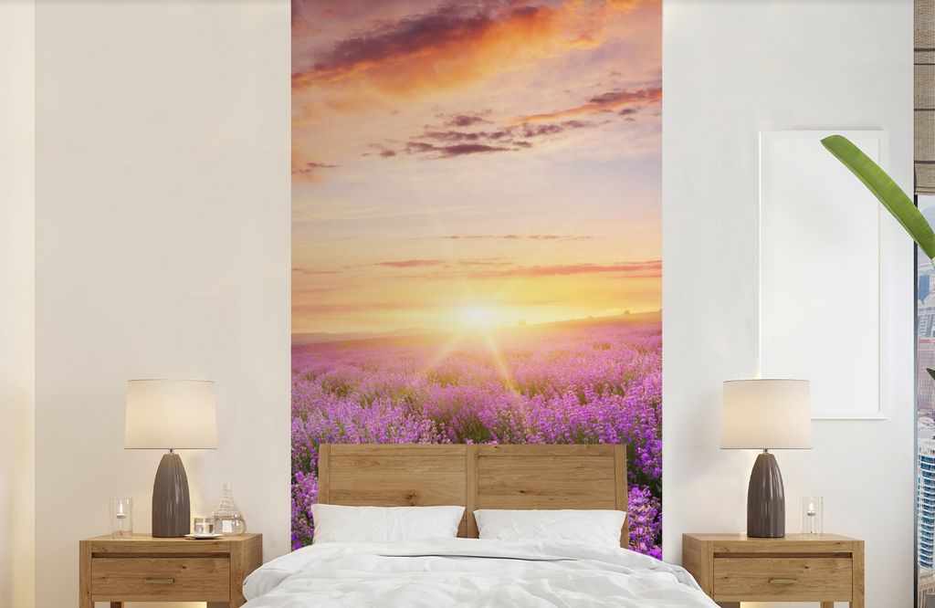 MuchoWow Fototapete für Wohnzimmer oder Schlafzimmer Wandtapete Vinyl Motivtapete Lavendel - Sonne - Blumen - 120x240 cm - Hintergrundbild