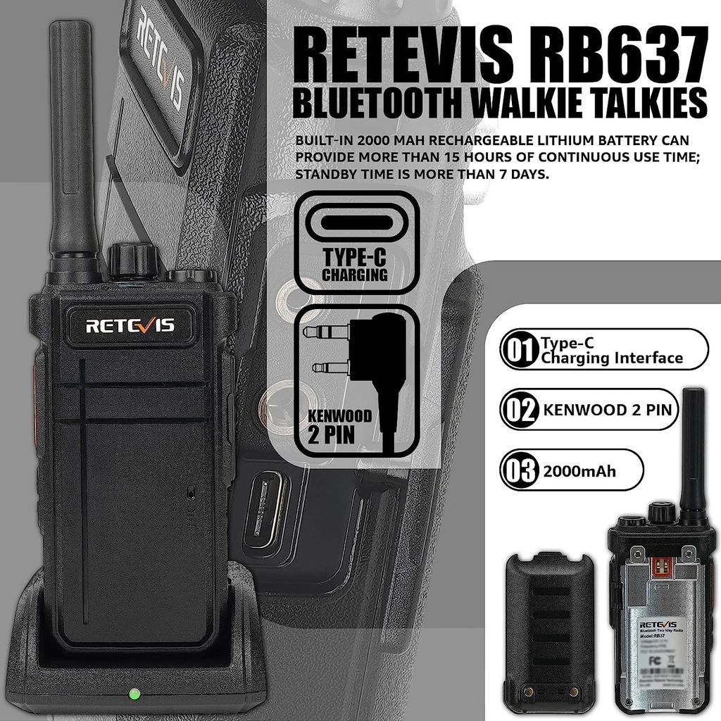 Retevis RB637 Bluetooth Talkies Walkies Rechargeables, PMR446 Professionel Radio Bidirectionnelle Avec Casque Sans Fil, 2000mAh, VOX, Clone Sans Fil Radio Bidirectionnelle(Noir, 4Pcs