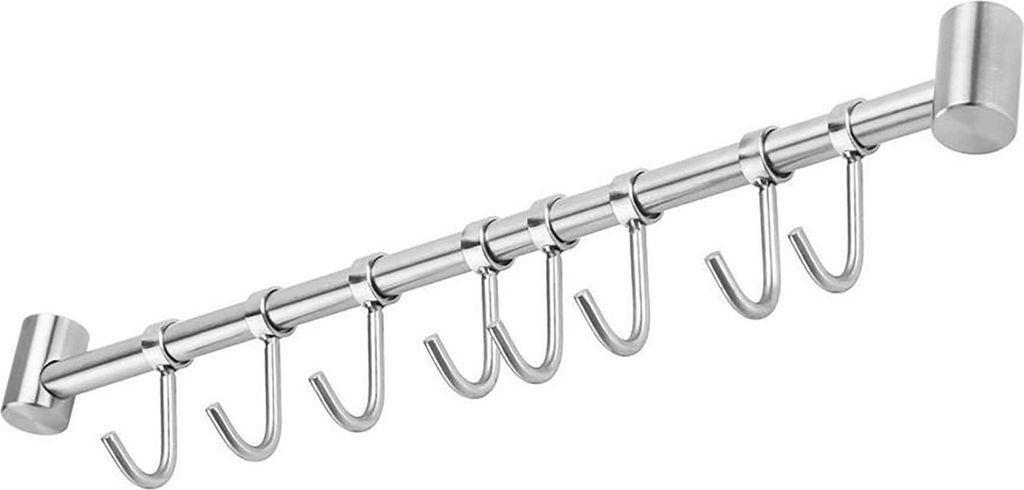 Intirilife Edelstahl Küche Hängeleiste mit 8 Haken - Küchen Reling Hängeleiste Küchenstange Wandhalterung