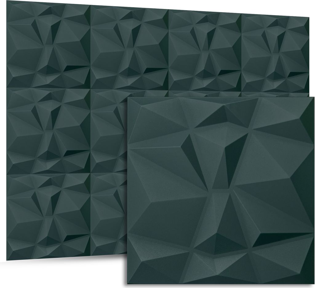 A set of dark gray 3D wall panels with a geometric, faceted design, shown from a slightly angled perspective.