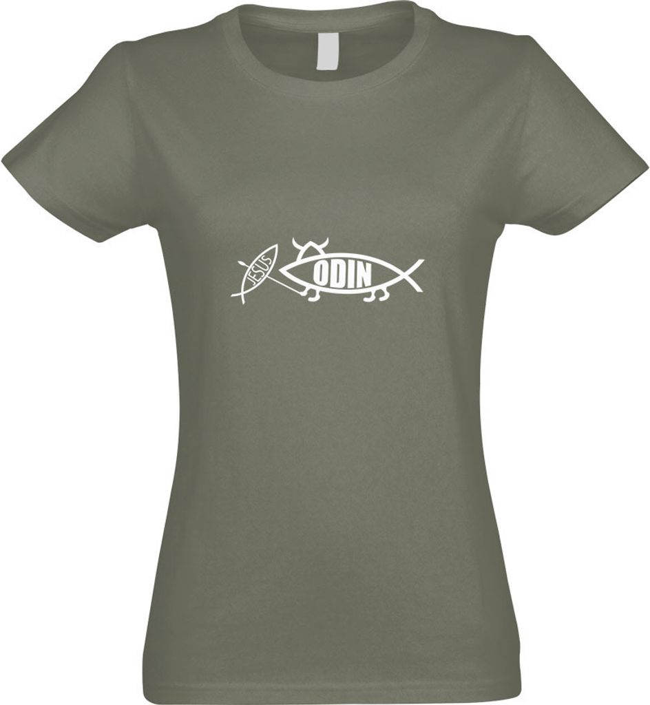 Kiwistar - T-Shirt tailliert - Damen - Olive - Odin Fisch Motiv2 - mit Motiv Bedruckt - Funshirt Design - Sport - Freizeit - Damen - XL