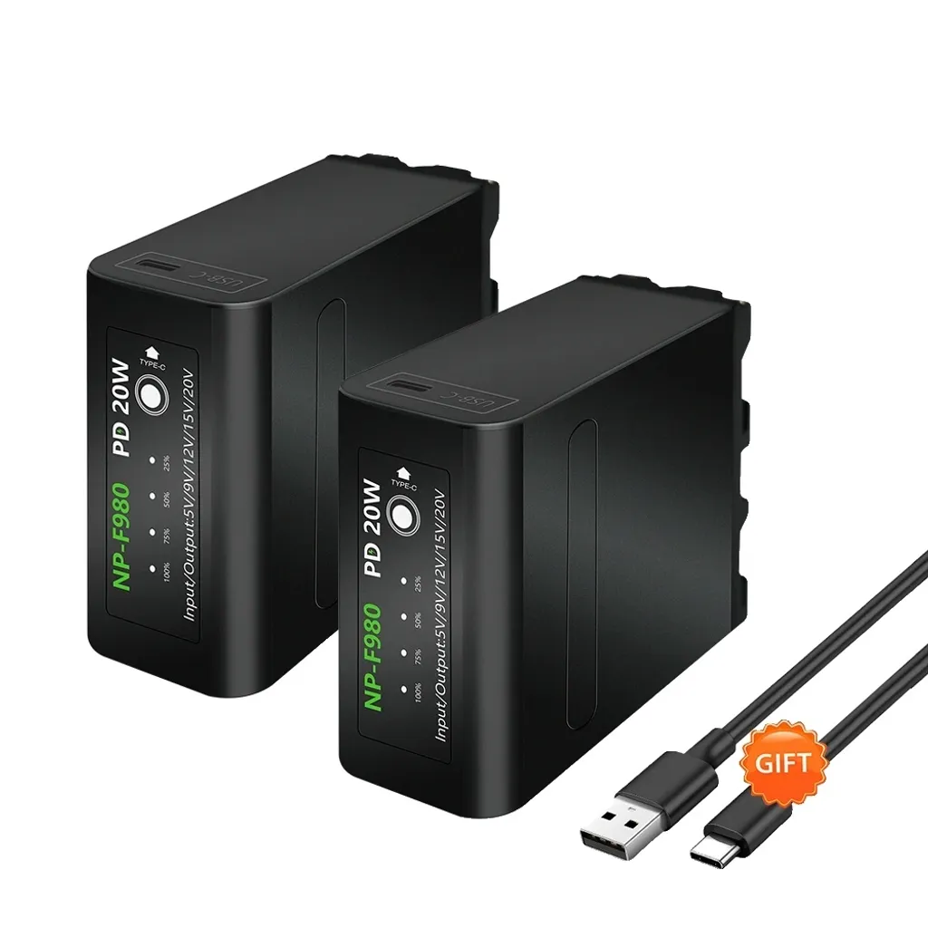 Batterie NP F980 pour caméra et éclairage LED, 6000mAh charge via USB
