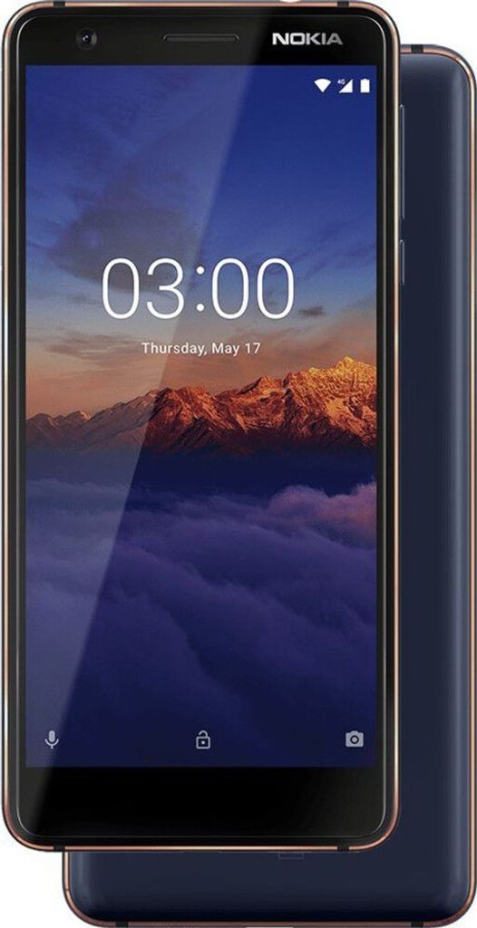 A blue Nokia 3.1 smartphone with a gold trim is shown from the front and side.