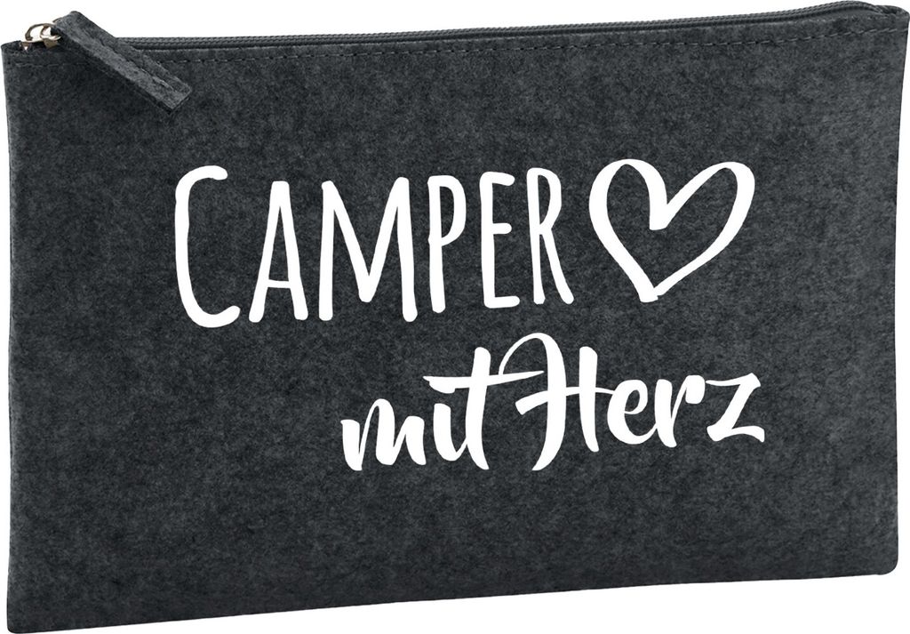 Huuraa Kulturbeutel Camper mit Herz Geschenk 1 Liter Filz Charcoal Kosmetiktasche Camper Geschenkidee