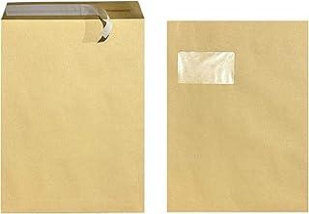 50x Versandtaschen C4 A4 braun mit Fenster, selbstklebend mit Abziehstreifen, 90 g/qm, Maße 229 x 324 mm Umschläge Kuvert