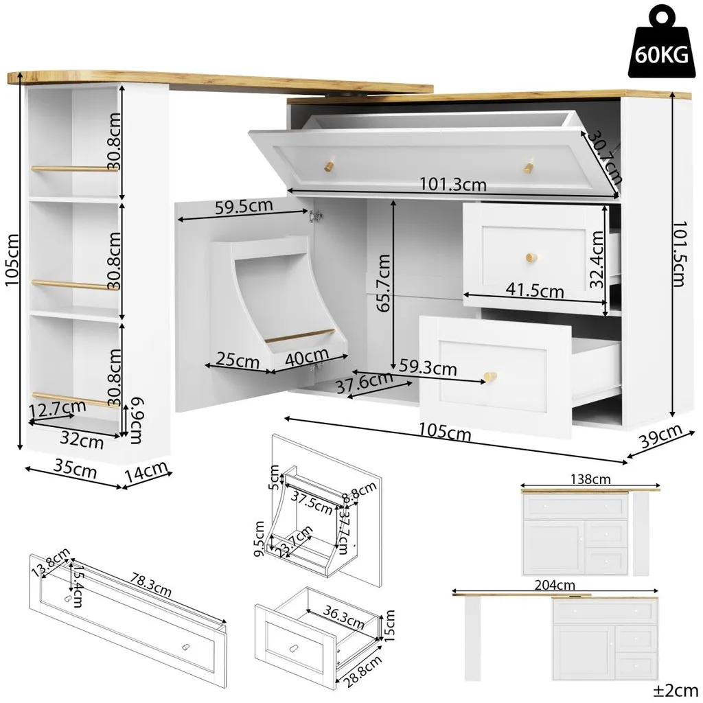 Table de bar extensible blanche 138-204cm avec rangement intégré