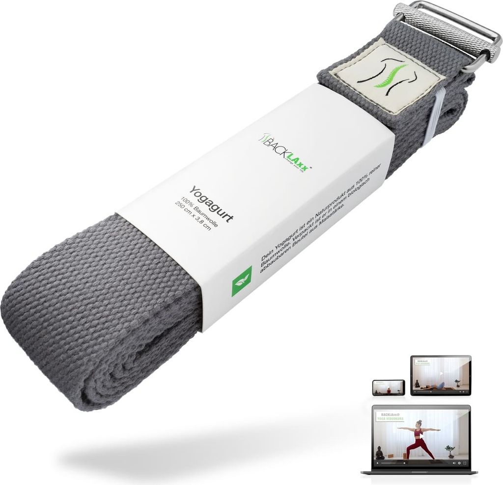 BACKLAxx Yoga Gurt Baumwolle inkl. Anwendungsvideos - Nachhaltiges Yoga Band 250 cm lang mit praktischem Verschluss aus Metall - Ideal zum Yoga, ...
