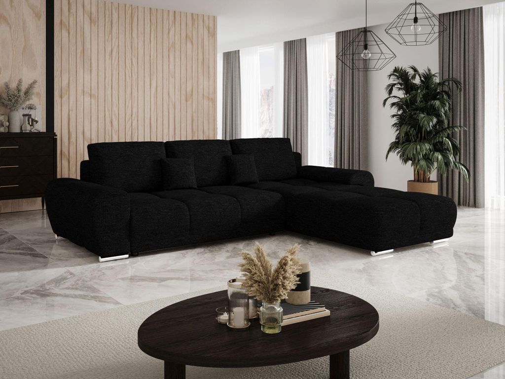 BEDANTE Ecksofa BEGA L Rechts ARAGON 99 Schwarz mit Schlaffunktion L-Form Sofa mit Stauraum Bettkasten Wohnzimmersofa Couch Sofa Bettsofa Bettkaste...