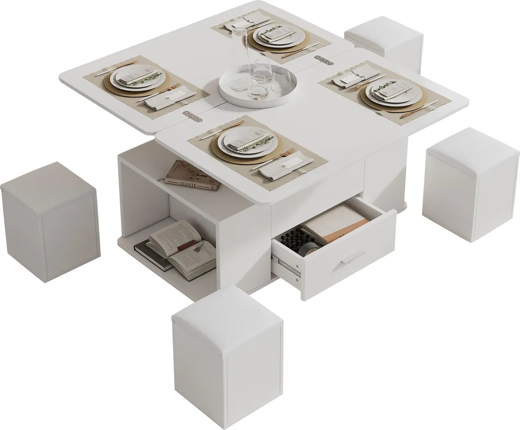 Sweiko Table Basse Réglable en Hauteur et Mobile avec 4 Tabourets Blanc - 8