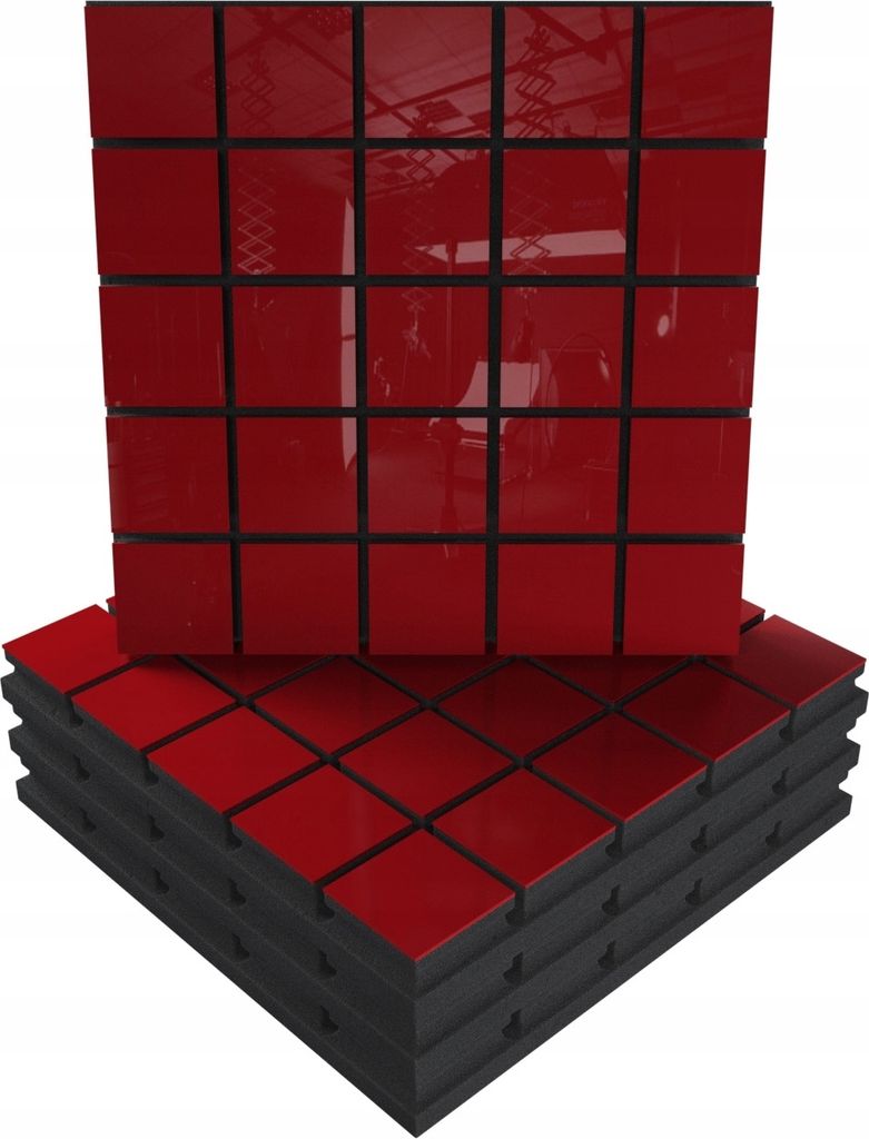 4 Stück AKUSTIK-WANDPANEELE mit Montageset | "GRID" 50x50x5cm | Absorption und Diffusion | Farbe: Rot glänzender Kunststoff