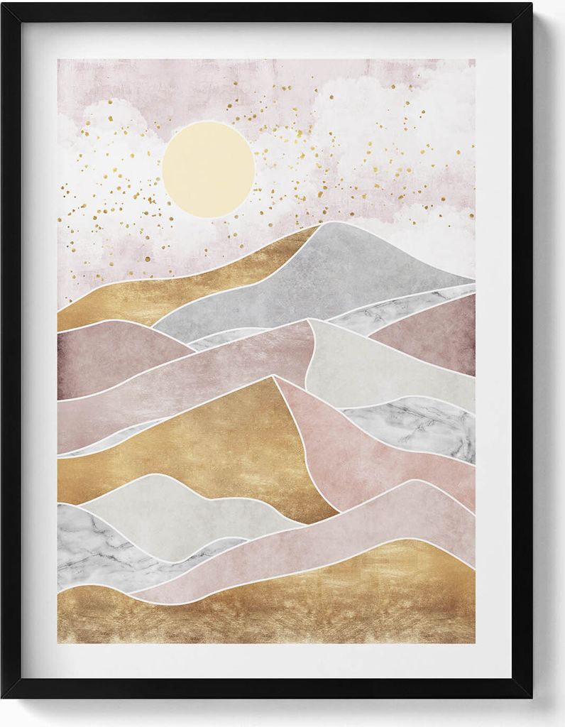 Abstrakte Wüsten- und Sonnenlandschaft– Wandbild mit Rahmen – Gerahmtes Bild – Wanddekoration – 60x80 cm – Schwarz Rahmen