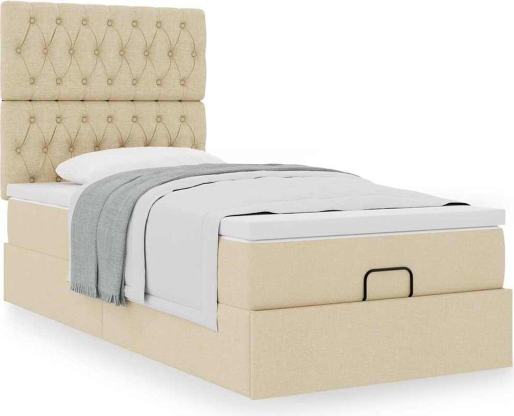 Design Ottoman-Bett mit Matratze Creme 90x190 cm Stoff, Klassische Betten 2024 Neu