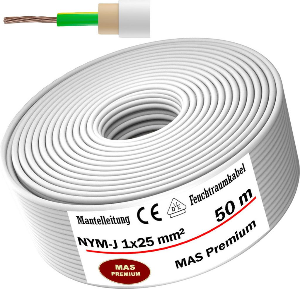 50m Feuchtraumkabel Stromkabel Mantelleitung NYM-J 1x25 mm² Elektrokabel