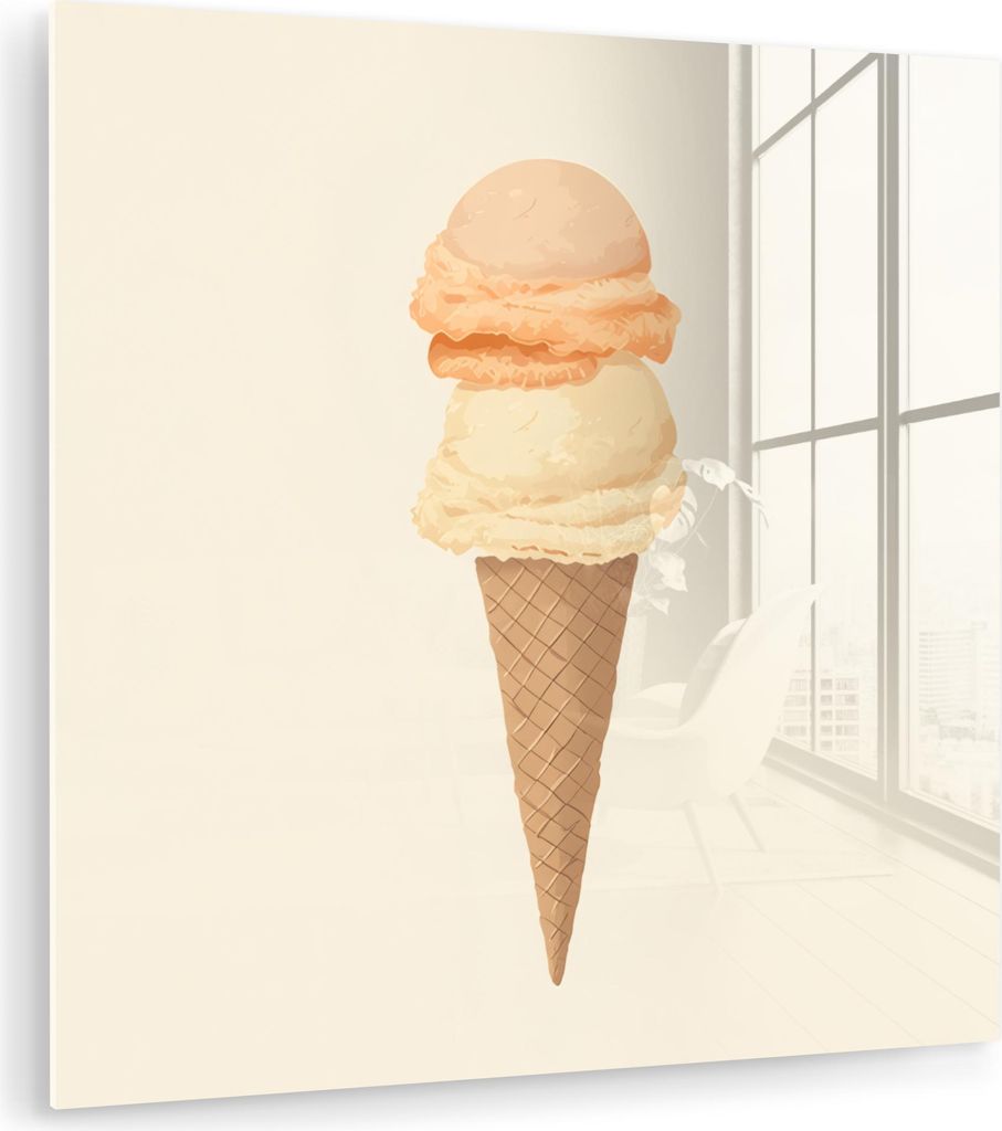 MuchoWow Glasbilder - Bilder auf Wandbild - Foto auf Glas Minimalist - Schaufel Eiscreme - Horn - Beige 50x50 cm Wanddekoration aus Glas - Acrylgla...
