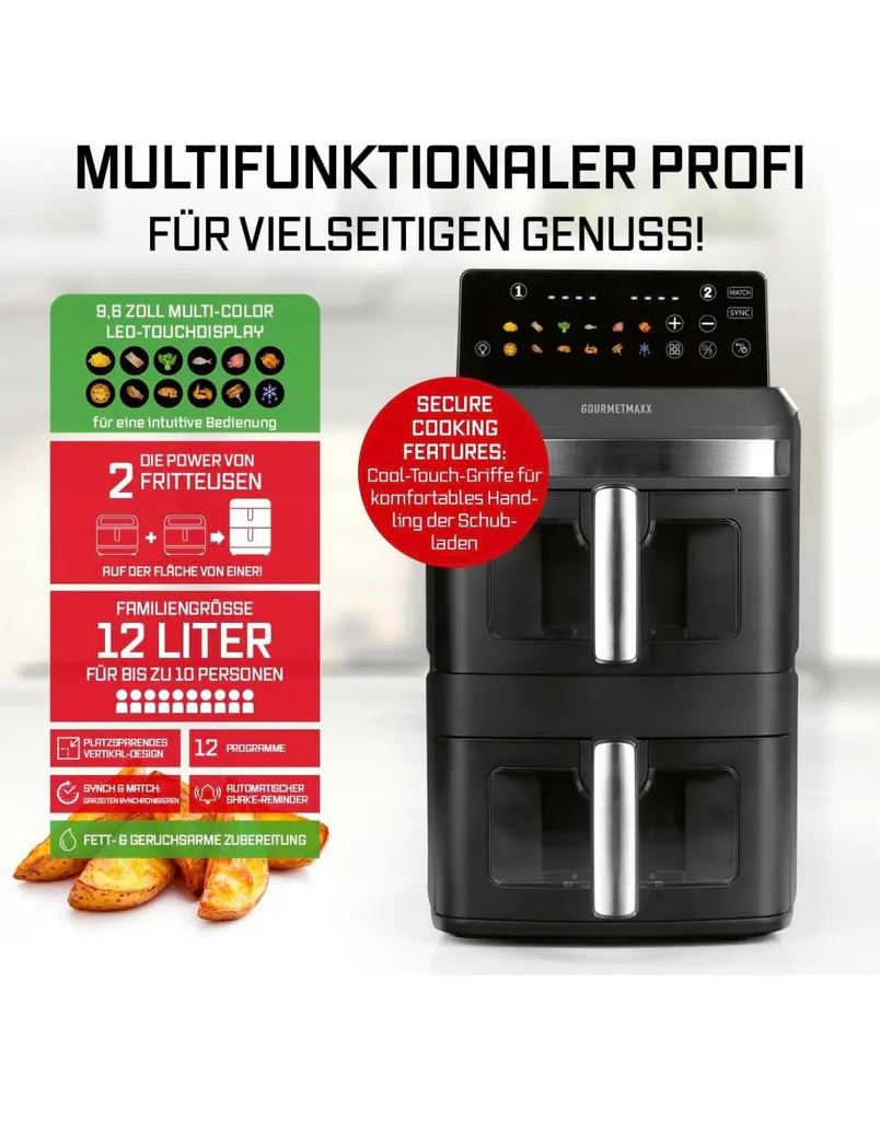 Airfryer Double Compartiment GOURMETmaxx 12L avec Écran Tactile LED