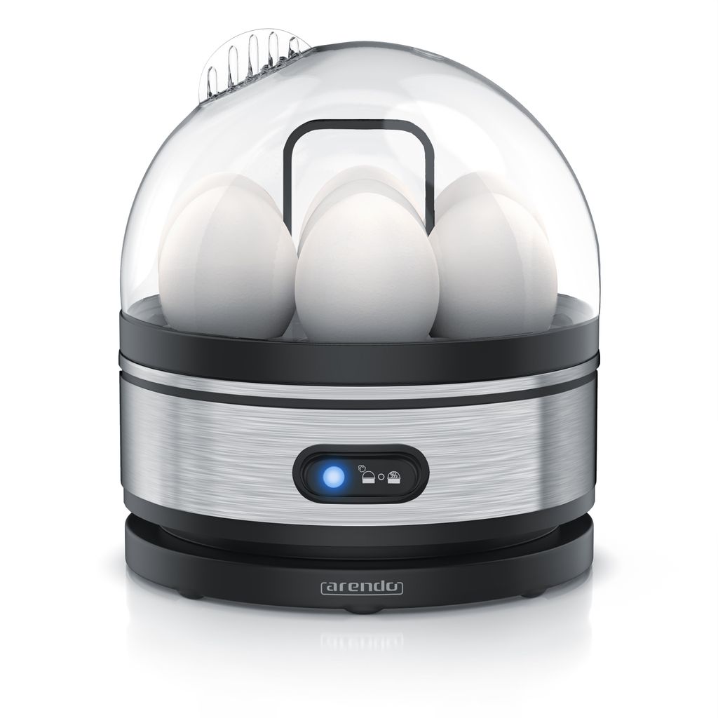 A close-up studio shot of an electric egg cooker.