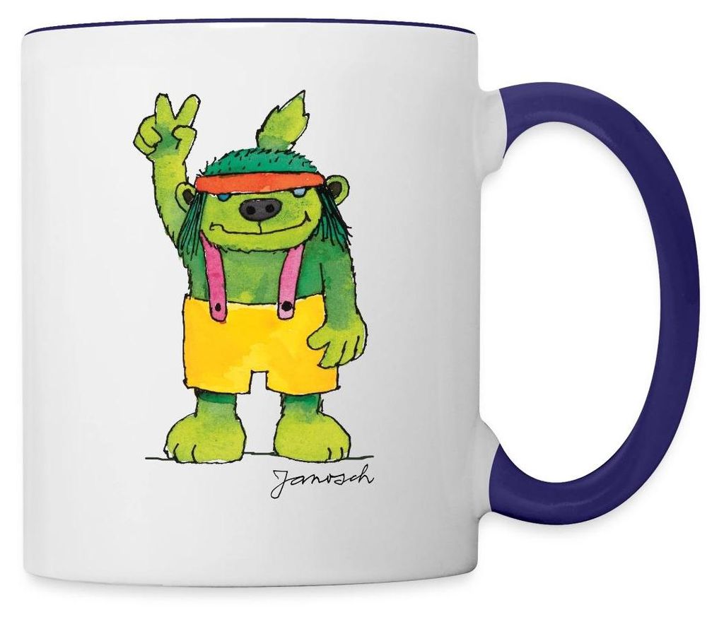Spreadshirt Janosch Emil der Grünbar Peace Tasse Zweifarbig, One size, Weiß/Kobaltblau