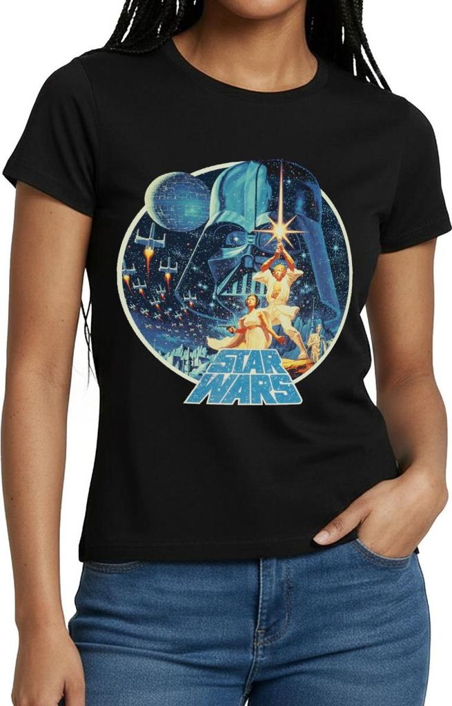Star Wars Galaxie Mit Ikonischen Charakteren Frauen T-Shirt, M, Schwarz