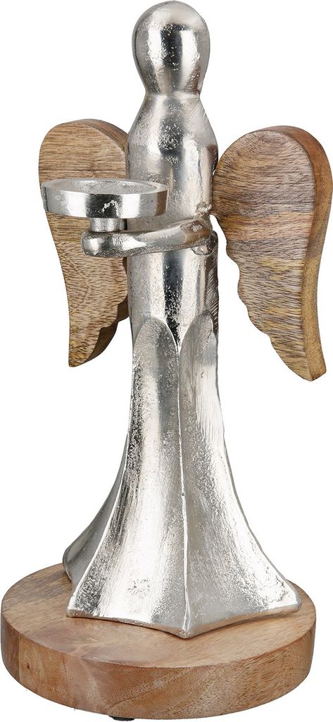 GILDE Teelichtleuchter, Engel, Aluminium, Mangoholz, silberfarben, , H. 31 cm, D. 15 cm 27027