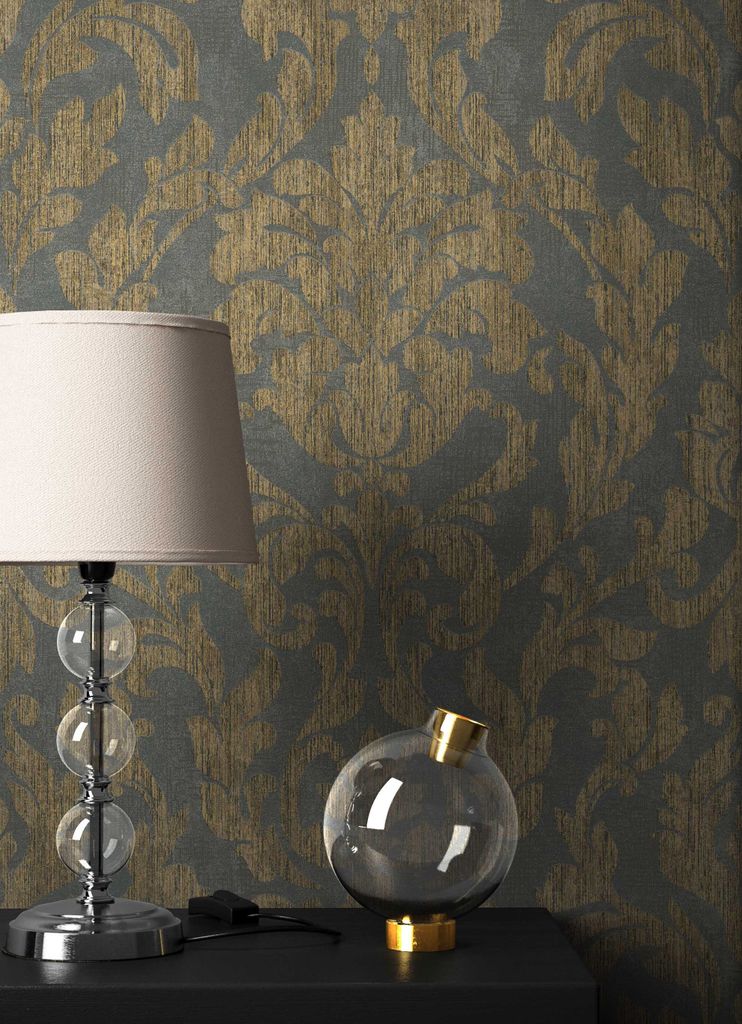 NEWROOM Tapete Schwarz Vliestapete Ornament - Wohnzimmer Barock Gold Braun Mustertapete Glamour Klassik