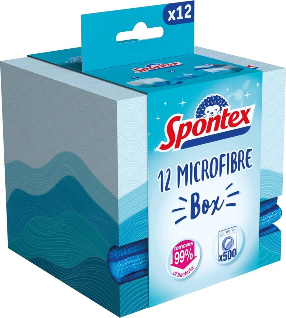 Mikrofasertücher 12er Spontex in Box gegen Schmutz und Produktbild 