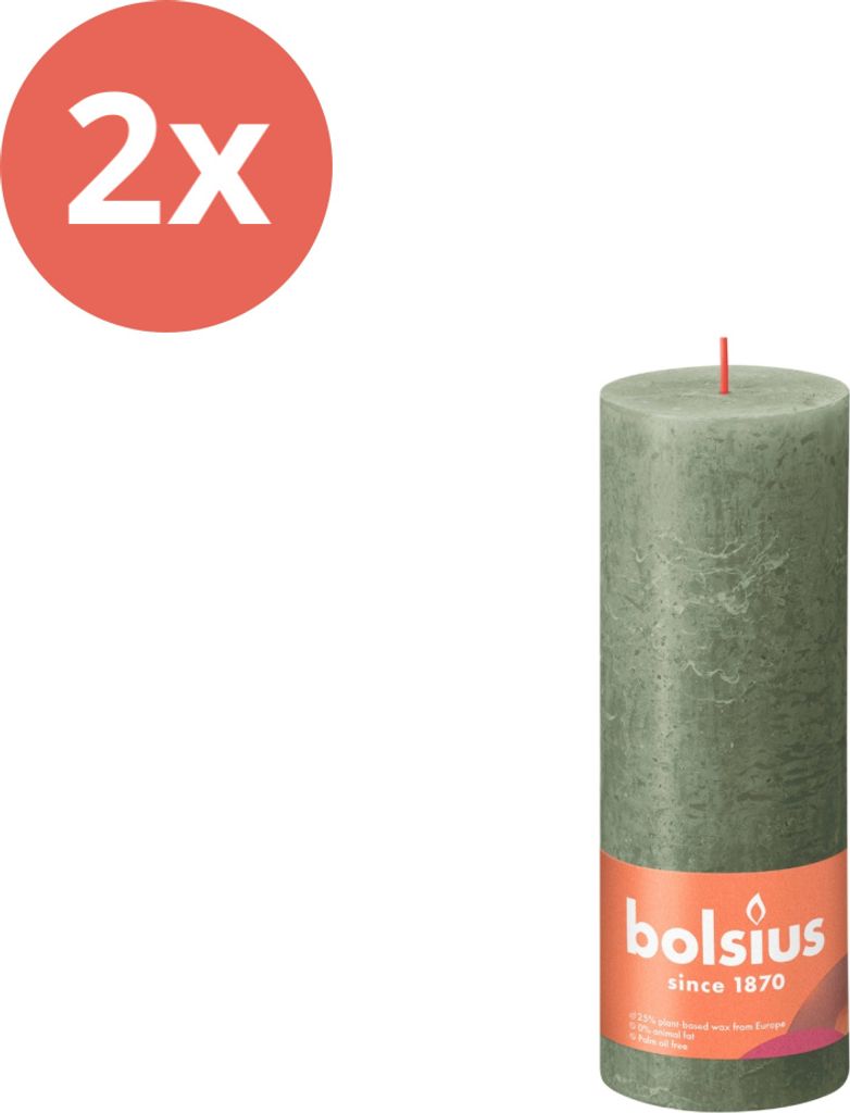 Bolsius - Rustikale Stumpenkerze - 190/68 - 1 Stück pro Packung - Frische Olive - Vorteilspack - 2 Stücke