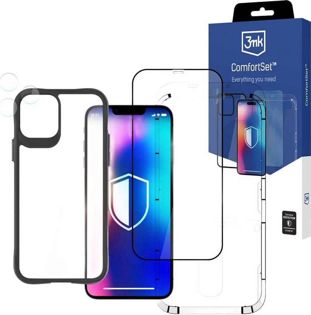 3mk Comfort Set 4in1 für Apple iPhone 12 Pro, Hülle, Displayschutz aus gehärtetem Glas, Kameraschutz und einmaliger Glasmontagerahmen