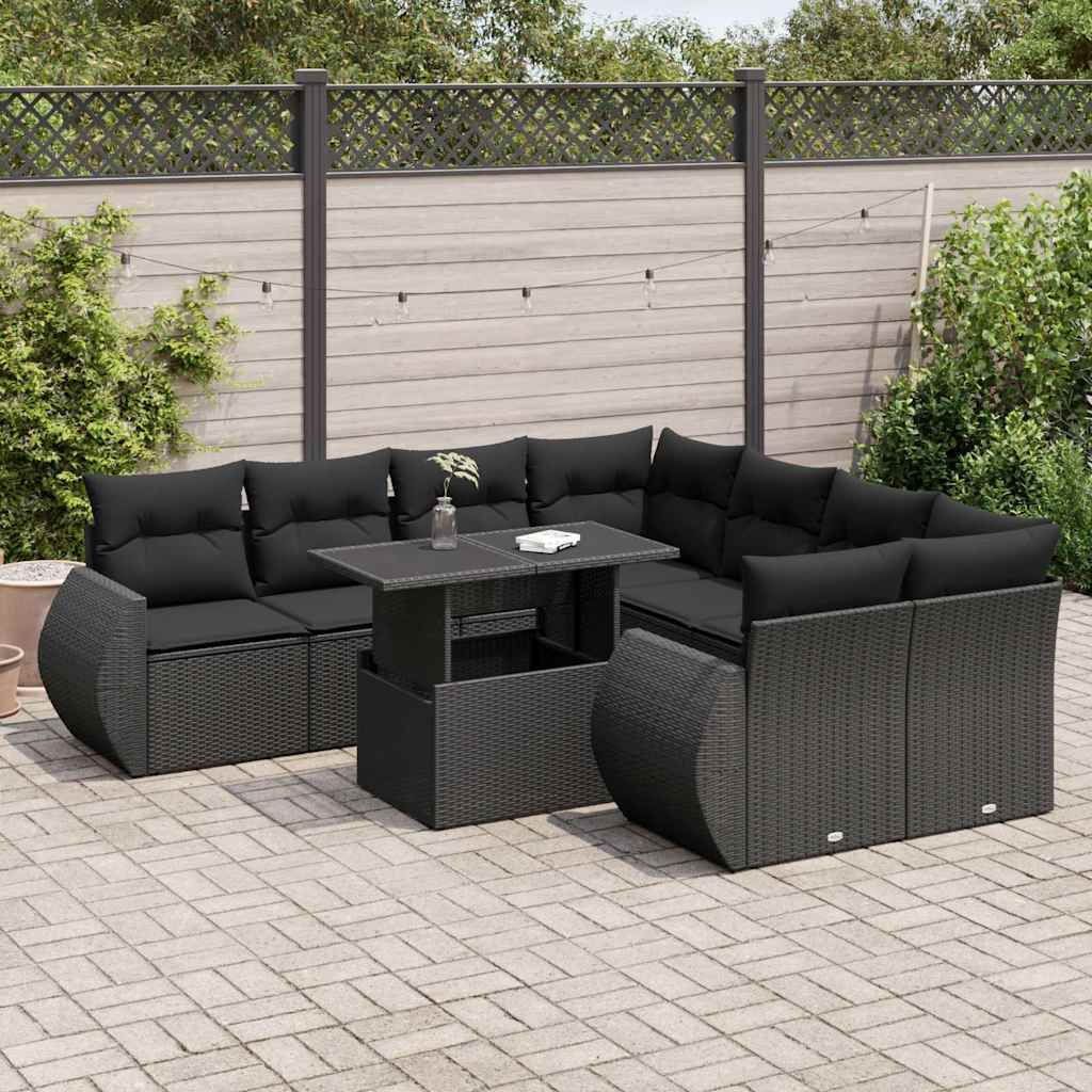 "Rabatt" 9-tlg. Garten-Sofagarnitur - mit sofa - mit Kissen Schwarz Poly Rattan - Lounge-Dining set CC12005