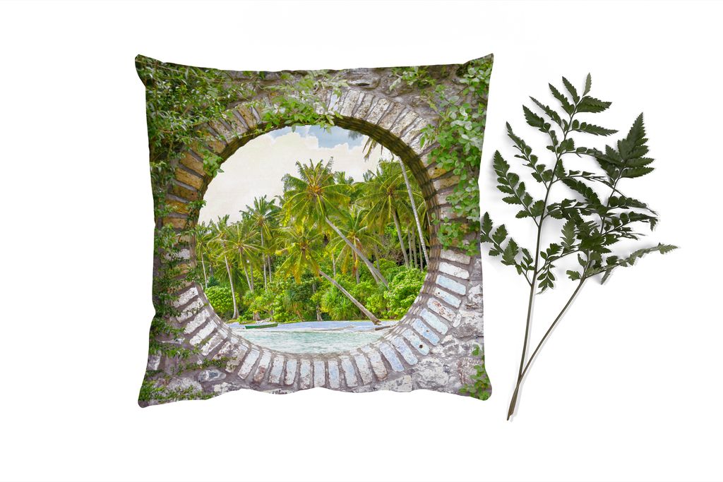 MuchoWow Zierkissen Sofakissen Wohnzimmer Dekokissen 40x40 cm Durchblick - Palme - Tropen - Strand - Meer - Foto Kissen - Schlafzimmer Dekoration