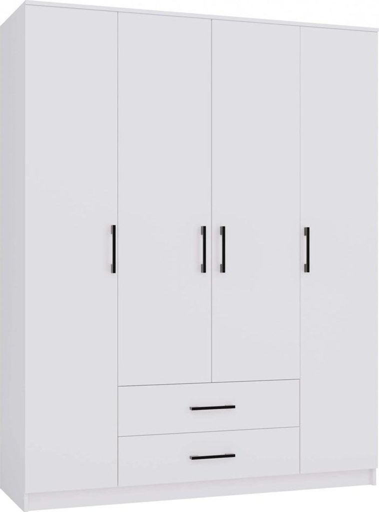 Moderner Kleiderschrank ROMANA 160 mit Schubladen und Regalen | Farbe: Weiß | Größe: 205x160x52 cm