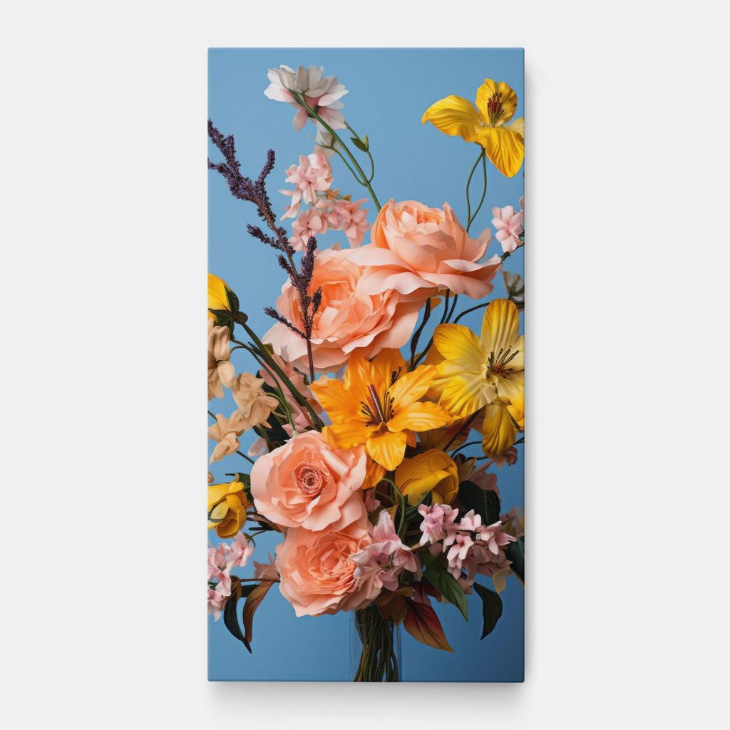 ARTHUB Leinwandbild 40x80 cm, Flower Mix On Blue | Wohnzimmerdekoration, Hängende Bilder, Wanddekoration, Heimdekoration, Blumen, Blumenstrauß
