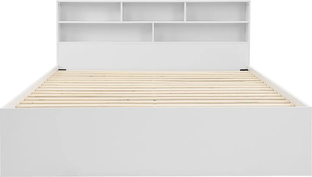 Grand lit 180x200 cm blanc avec sommier et tiroirs de stockage bois