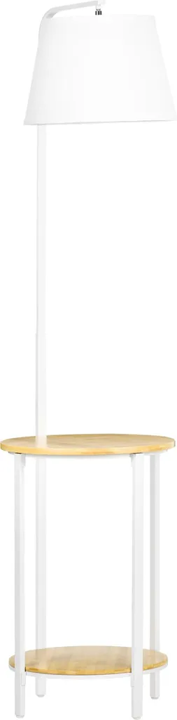 Lampadaire Design 162 cm en Métal Noir avec Double Tablette et Lin Blanc