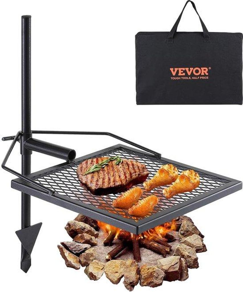 Stahl-Grill 405 x 405 mm Holzkohlegrill tragbar Grillrost - Drehspieß - 6 kg Belastbarkeit - 300 °C - freistehender Grillwagen - Campinggrill